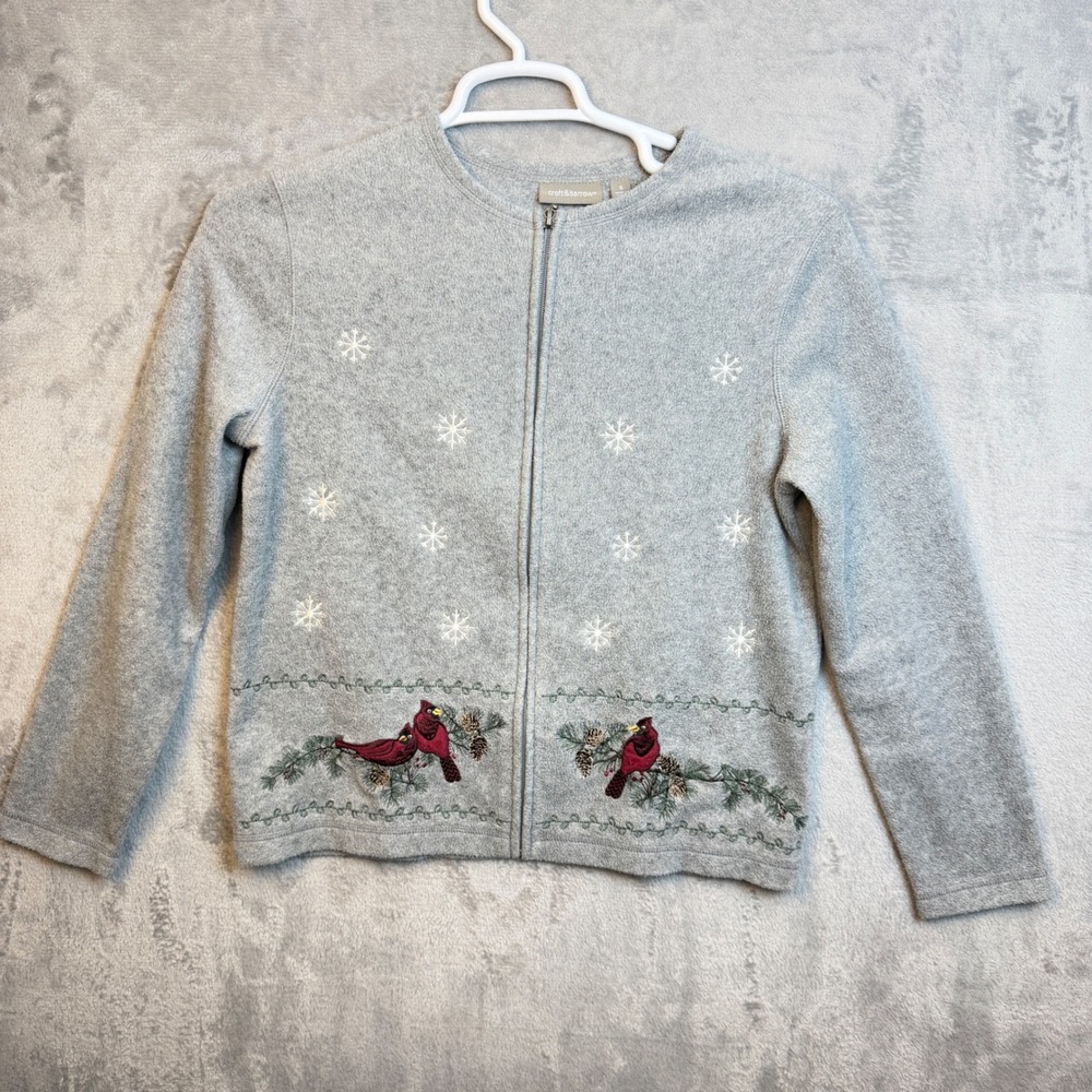 Croft & Barrow Fleece Jacket Women S Cardinal Granny Core Embroidered Holiday